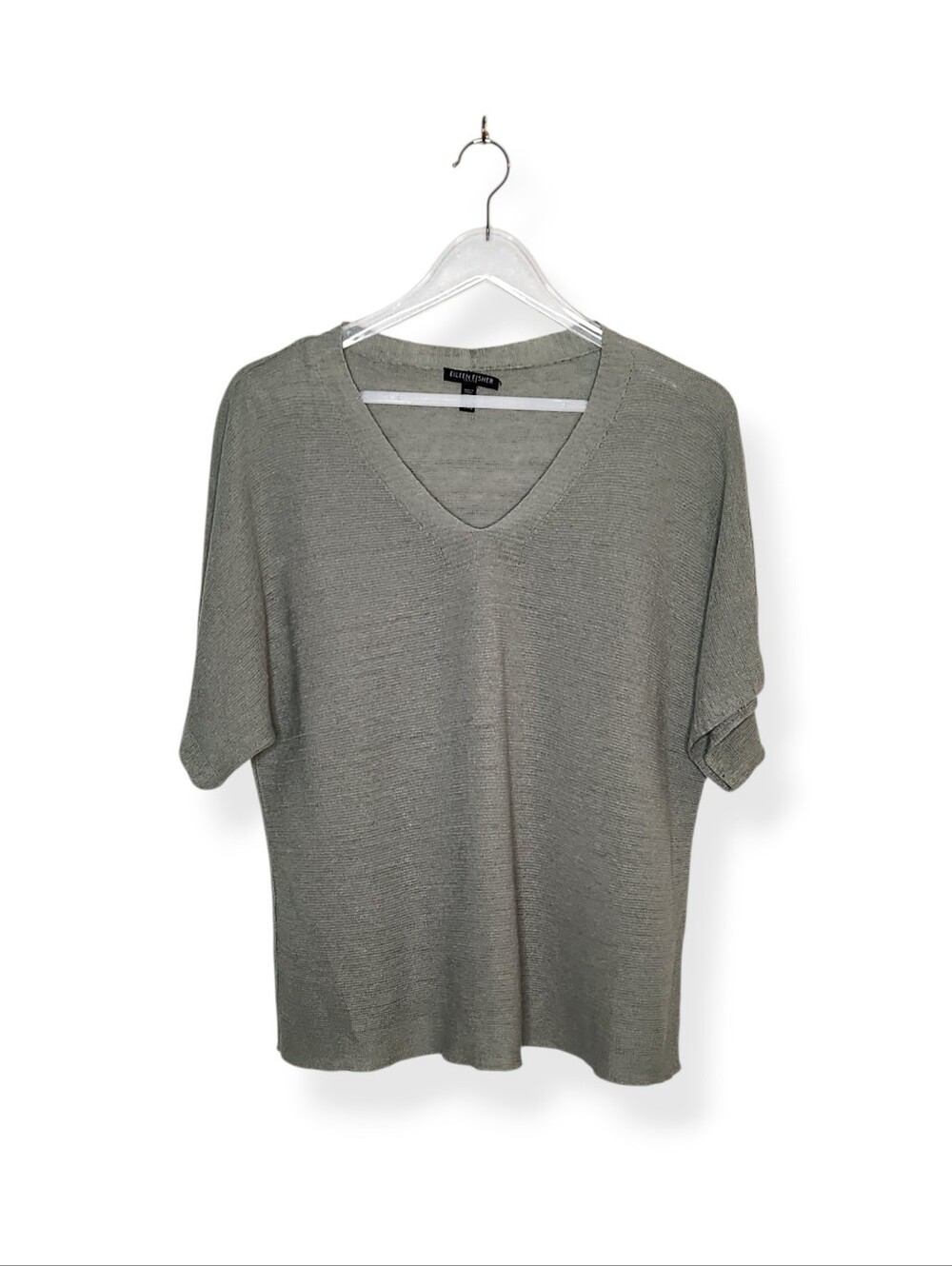Eileen Fisher Organic Linen Lightweight Short Sleeve Sweater in Olive Green PL